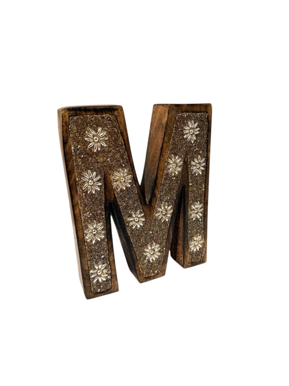 World Market Wooden Beaded Inlay Letter M Gold Daisies